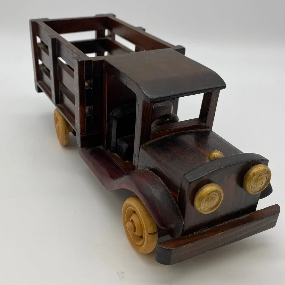 Handmade Wooden Stake Bed Truck Model Vintage Style Brown Collectible Decor Read